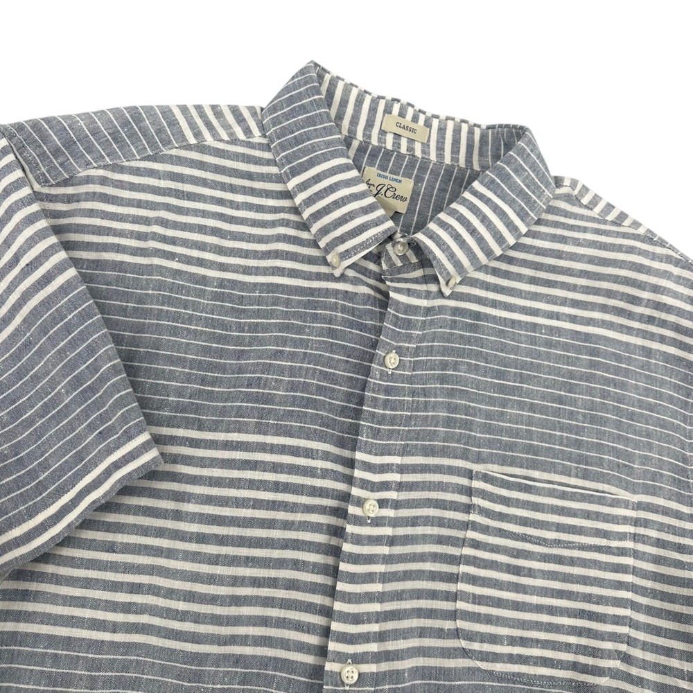 J.Crew Mens XL Irish Linen Short Sleeve Button Down Shirt Blue White Stripe